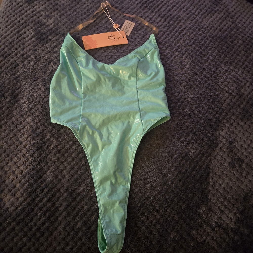 Oh Polly "Vinyl" Aqua One-Piece Swimsuit Size XS NWT